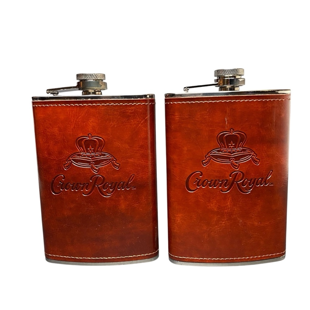 New Set Of 2 Crown Royal Whiskey Brown Leather Flasks Limited Edition